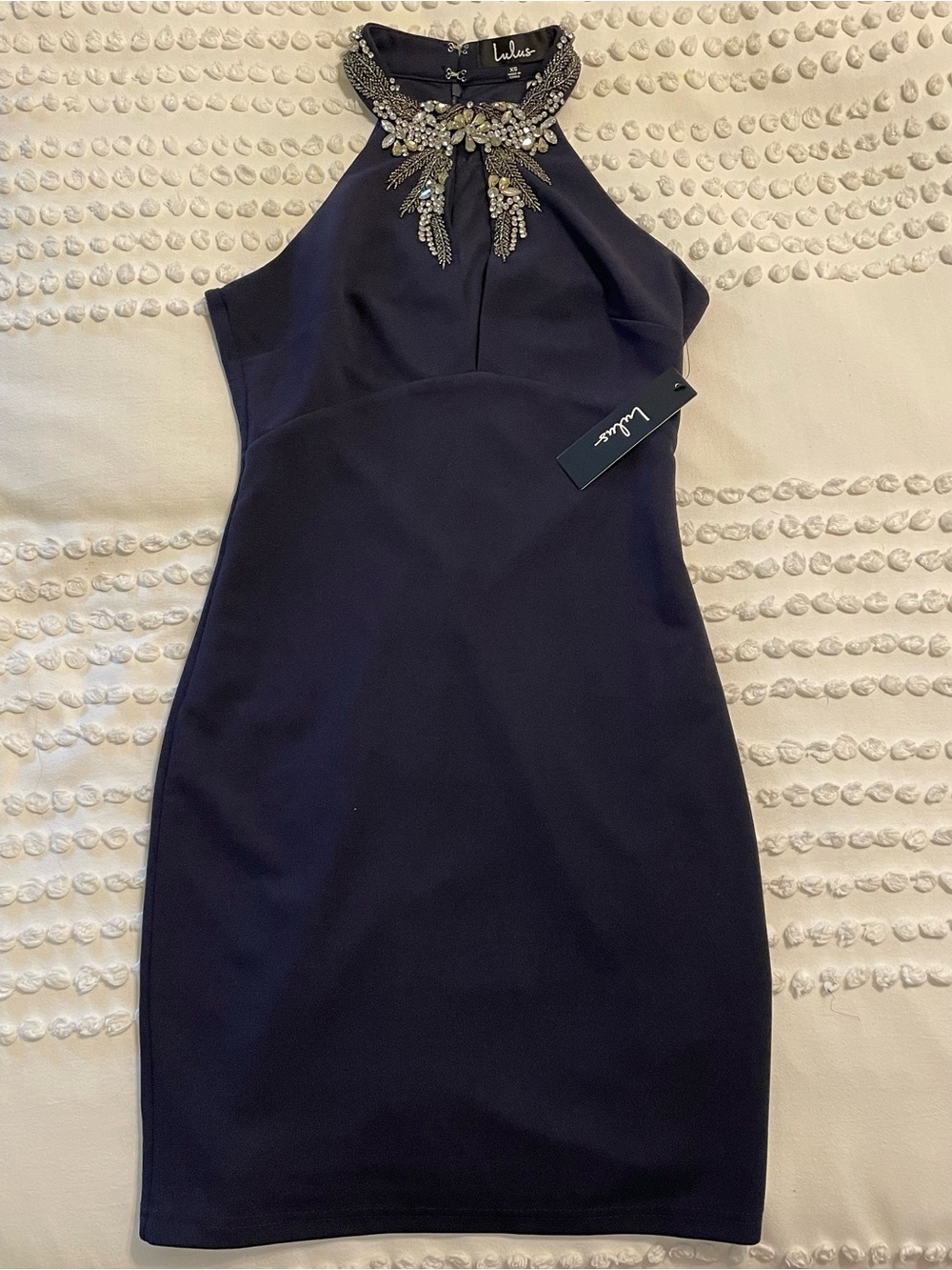 Lulus Alluring Evening Navy Blue Beaded Bodycon Dress size XS NWT - Picture 6 of 9
